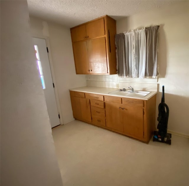 kitchen featuring a textured ceiling, light colored carpet, and sink