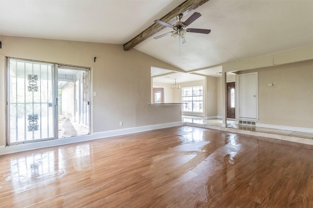 unfurnished living room featuring hardwood / wood-style flooring, ceiling fan with notable chandelier, and vaulted ceiling with beams