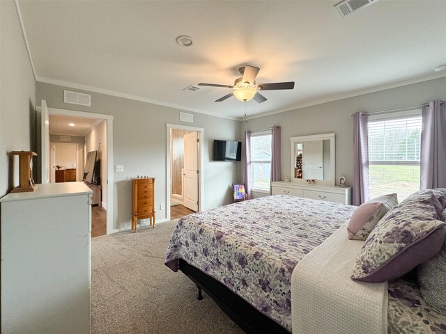 carpeted bedroom with ceiling fan, ornamental molding, and ensuite bath