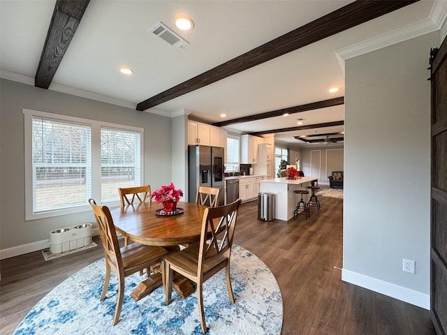 dining area featuring beamed ceiling, dark hardwood / wood-style floors, and ornamental molding