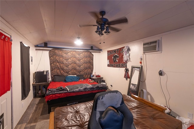 bedroom with wood ceiling, vaulted ceiling, an AC wall unit, and ceiling fan