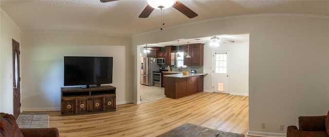 living room featuring ornamental molding, sink, and light hardwood / wood-style flooring