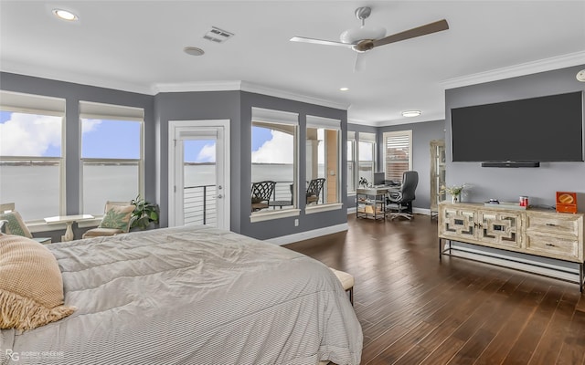 bedroom featuring ornamental molding, access to exterior, and dark hardwood / wood-style flooring