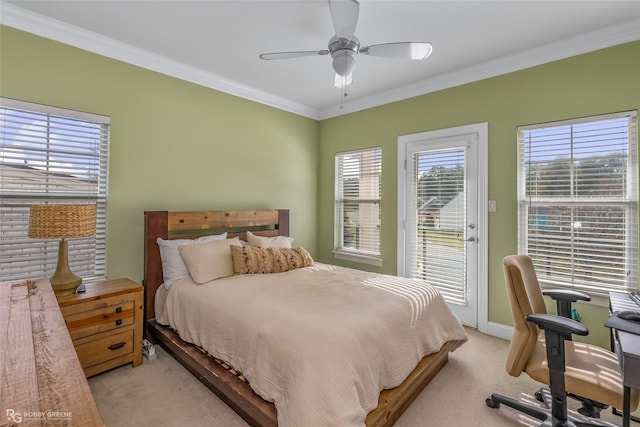 bedroom with ceiling fan, access to outside, crown molding, and light carpet