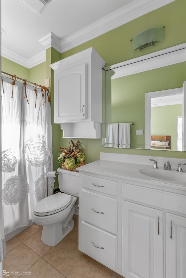 bathroom with a shower with curtain, tile patterned flooring, crown molding, toilet, and vanity