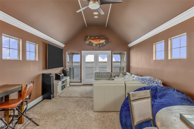 carpeted living room featuring ceiling fan, ornamental molding, and vaulted ceiling