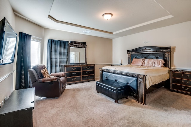 carpeted bedroom with a raised ceiling