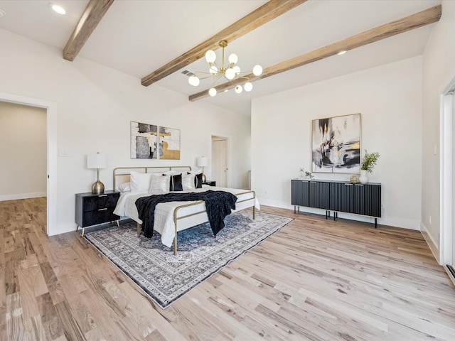 bedroom featuring a chandelier, beamed ceiling, and hardwood / wood-style flooring