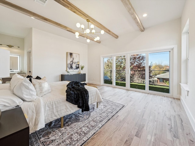 bedroom featuring light hardwood / wood-style floors, an inviting chandelier, beamed ceiling, and access to exterior