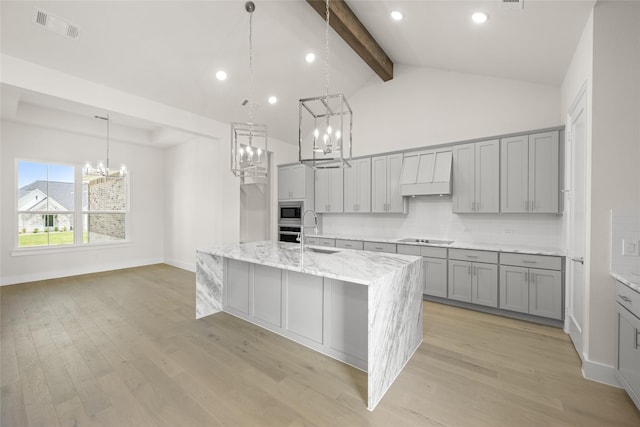 313 Slimp Blf, Azle, TX 76020 - kitchen featuring gray cabinets, a chandelier, custom exhaust hood, appliances with stainless steel finishes, and beamed ceiling