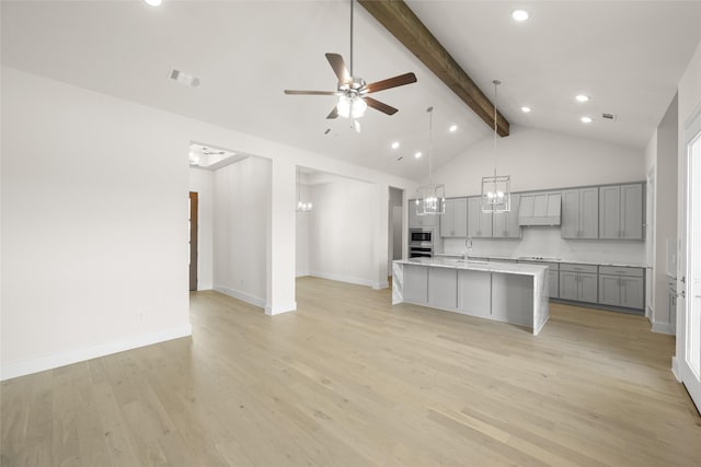 313 Slimp Blf, Azle, TX 76020 - kitchen with gray cabinets, beamed ceiling, custom range hood, ceiling fan, and light countertops