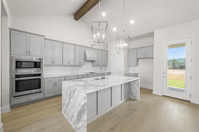 313 Slimp Blf, Azle, TX 76020 - kitchen featuring appliances with stainless steel finishes, gray cabinetry, custom range hood, beamed ceiling, and a chandelier