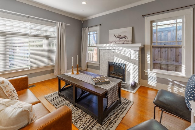 living room with crown molding, a fireplace, and light wood-type flooring