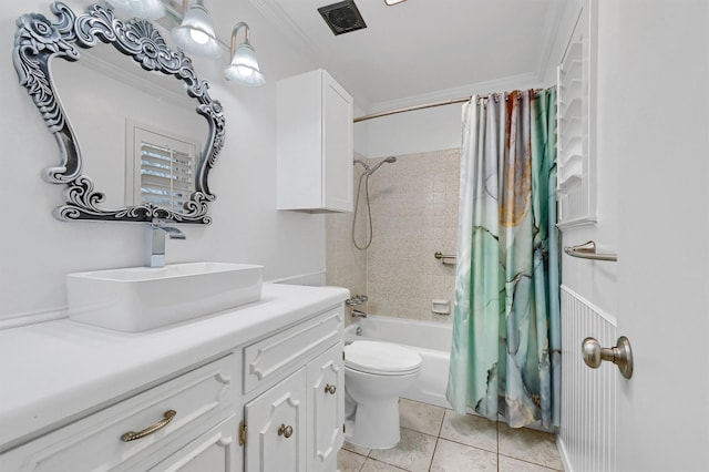 full bathroom with toilet, ornamental molding, vanity, shower / bathtub combination with curtain, and tile patterned flooring