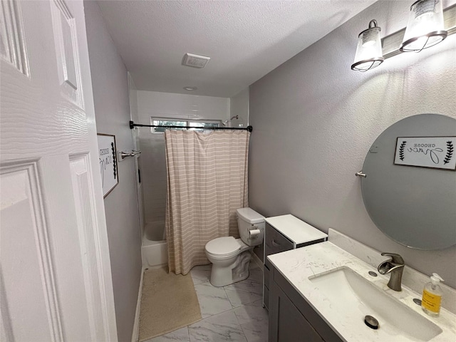 full bathroom with vanity, shower / bath combination with curtain, a textured ceiling, and toilet