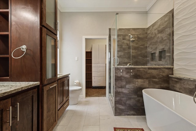 full bathroom with vanity, crown molding, toilet, and separate shower and tub