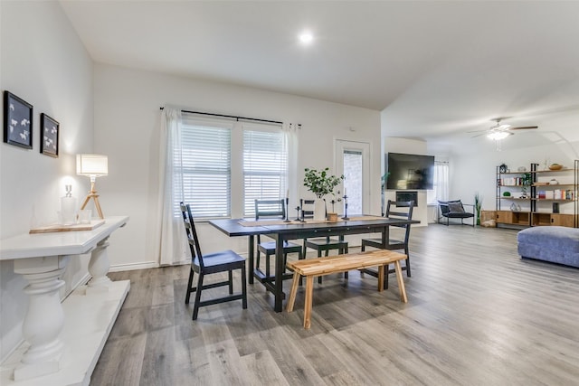 dining room featuring ceiling fan and light hardwood / wood-style floors