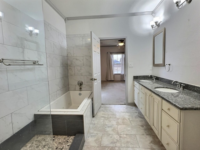 bathroom featuring vanity, crown molding, tiled bath, and ceiling fan