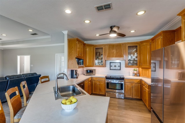 kitchen with crown molding, sink, ceiling fan, light wood-type flooring, and appliances with stainless steel finishes