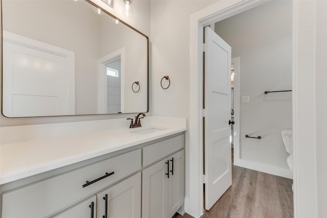 bathroom featuring vanity, toilet, and wood-type flooring