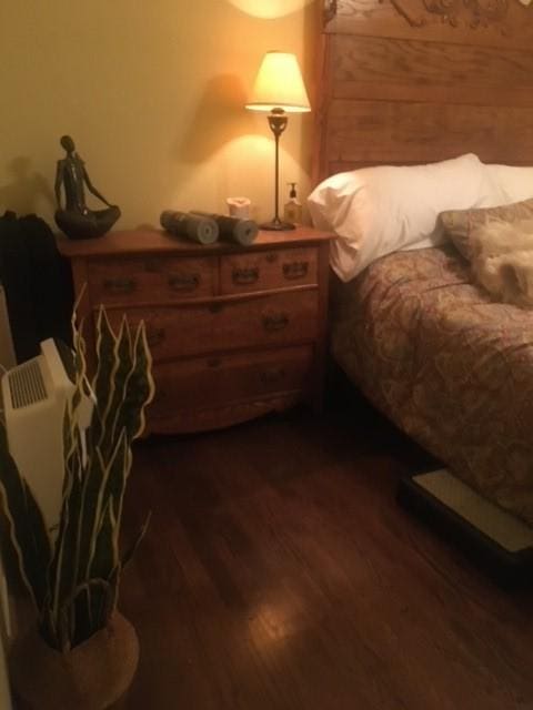 bedroom with dark wood-type flooring