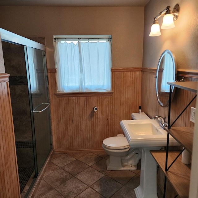 bathroom featuring sink, wooden walls, a shower with shower door, and toilet