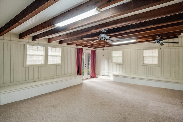 basement with carpet flooring, radiator, and wood walls