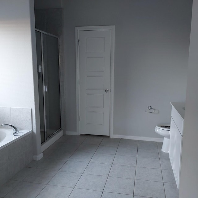 full bathroom with tile patterned flooring, vanity, toilet, and plus walk in shower