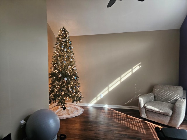 sitting room with hardwood / wood-style flooring, ceiling fan, and lofted ceiling