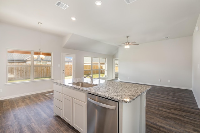 kitchen featuring white cabinets, dishwasher, dark hardwood / wood-style flooring, and sink