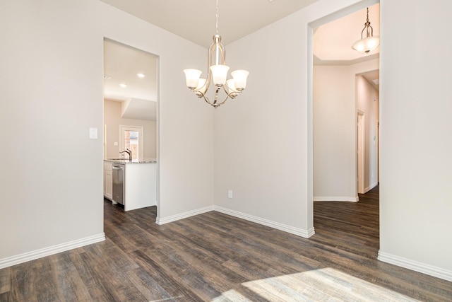 unfurnished dining area featuring sink and dark wood-type flooring