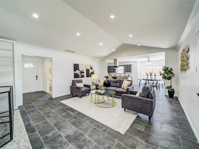 living room with vaulted ceiling, ceiling fan, and crown molding