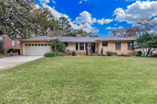 ranch-style house with a front yard and a garage