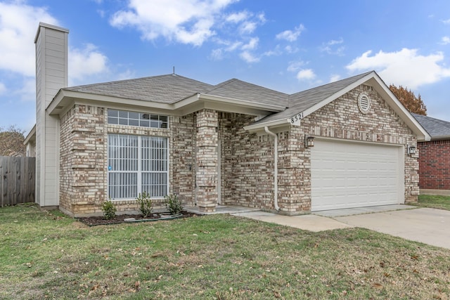 single story home featuring a garage, driveway, fence, a front yard, and brick siding