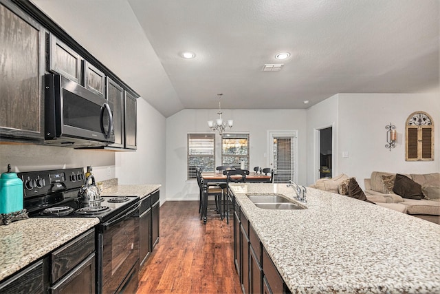 kitchen with a center island with sink, sink, vaulted ceiling, black / electric stove, and dark hardwood / wood-style flooring