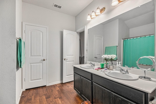 bathroom featuring hardwood / wood-style floors and vanity