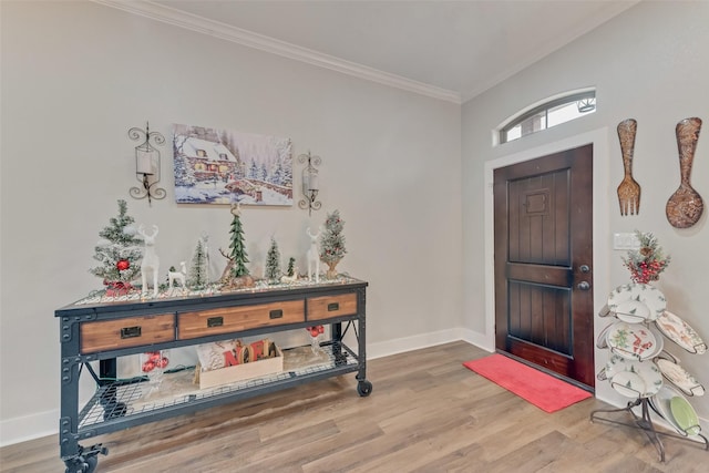 entrance foyer featuring crown molding and wood-type flooring