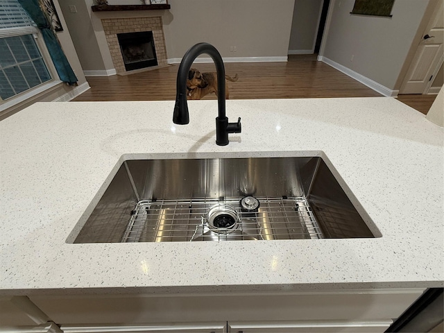 details featuring sink, wood-type flooring, and a brick fireplace