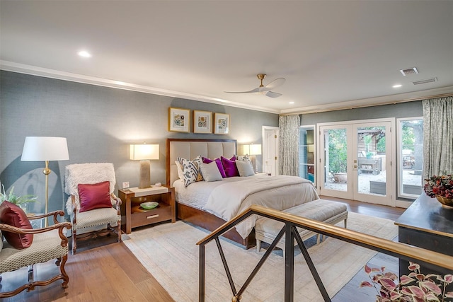 bedroom featuring french doors, ornamental molding, ceiling fan, access to exterior, and light hardwood / wood-style floors