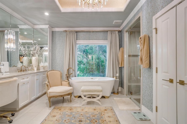 bathroom with vanity, tile patterned floors, independent shower and bath, and a chandelier