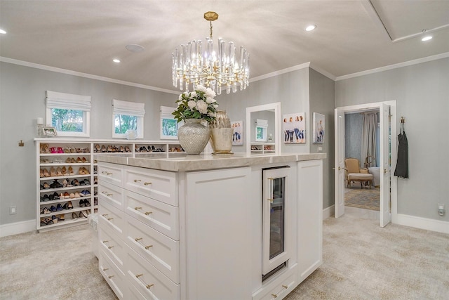 spacious closet featuring light carpet and wine cooler