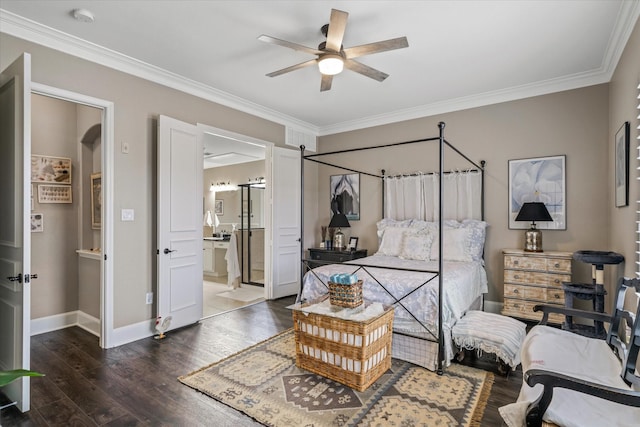 3351 Cascades Ct Unit 305, Tyler, TX 75709 - bedroom with wood finished floors, ornamental molding, ensuite bath, and ceiling fan