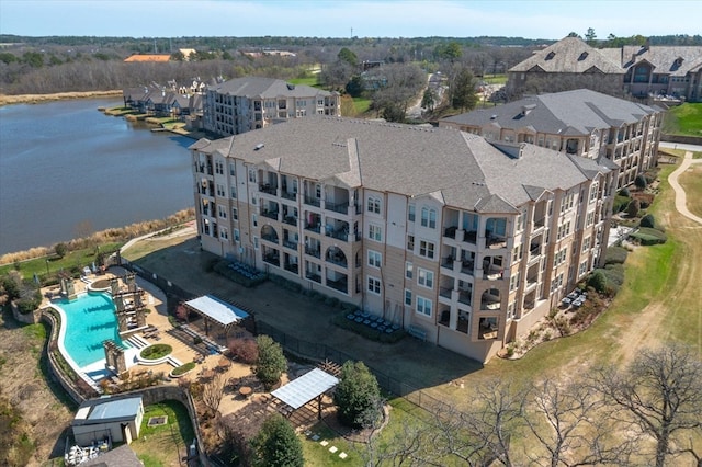 drone / aerial view with a water view