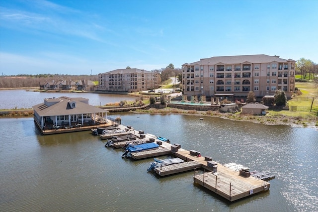 exterior space with a water view