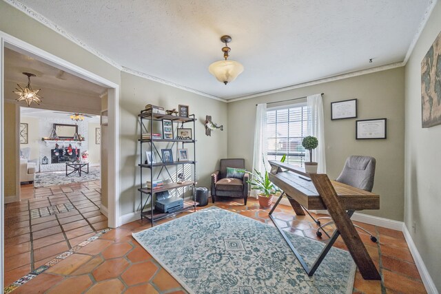 office featuring tile patterned floors, ornamental molding, and a textured ceiling