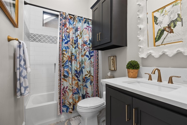 full bathroom with vanity, toilet, and shower / bath combo with shower curtain