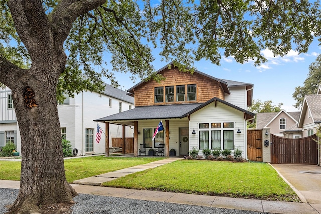 view of front of house featuring covered porch and a front lawn