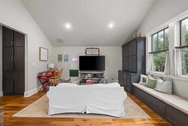 living room featuring vaulted ceiling and hardwood / wood-style floors