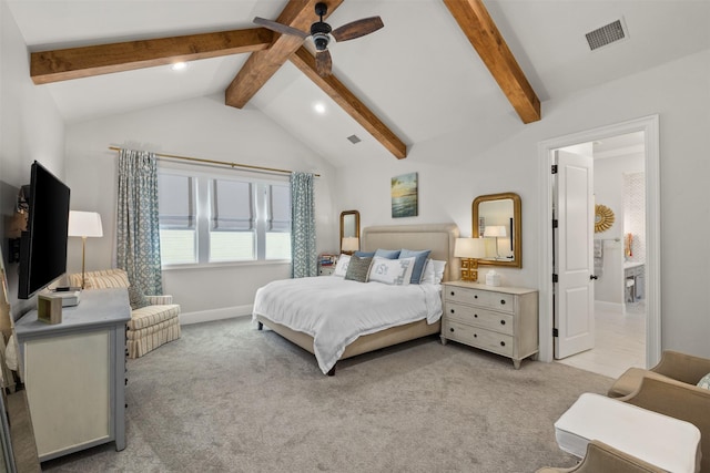 carpeted bedroom featuring vaulted ceiling with beams and ceiling fan