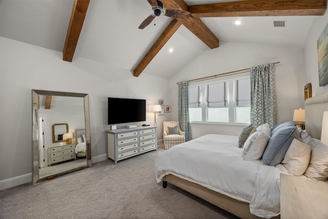 carpeted bedroom featuring vaulted ceiling with beams and ceiling fan